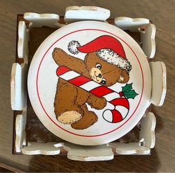 Set of 5 Vintage Christmas Teddy Bear Ceramic Coasters with Wooden Holder
