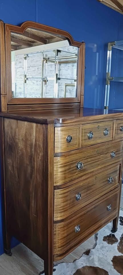 Hepplewhite Tall Boy Antique Dresser With Vanity Mirror, Delivery