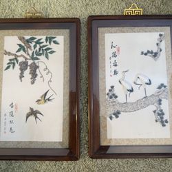 Vintage Taiwanese Shell & Stone Mosaic Wall Art Set – Framed Pair – Handcrafted