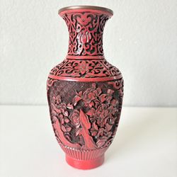 8" Old Chinese Feng Shui Lacquerware Subshrubby Peony Flower Rose Red Vase