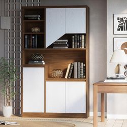 落地式书柜 置物架 白色/胡桃木色，棕色高柜子，$140，HK-PAN-YN05

Bookcase with Doors, Tall File Bookshelf with Power Outlet & Printer Stand, 9-Tier Adjustable Bookshelves, F