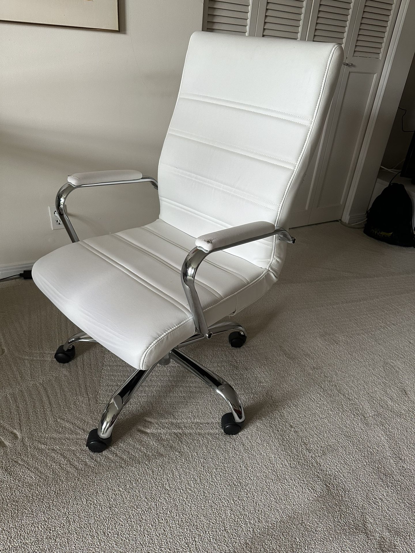 White Office Chair With Casters And Flexible Back