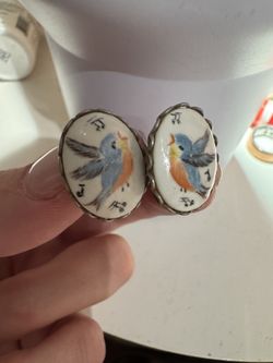 Handcrafted enamel vintage Blue and Orange Bird Earrings.clip on
