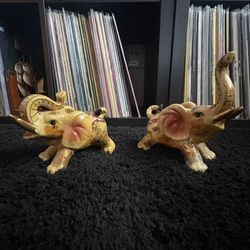 Vintage Hand-Painted Ceramic Elephant Set – Real Gold Accents (Pair)