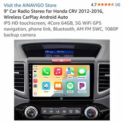 9" Car Radio Stereo for Honda CRV 2012-2016, Wireless CarPlay Android Auto IPS HD touchscreen, 4Core 64GB, 5G WiFi GPS navigation, phone link, Bluetoo