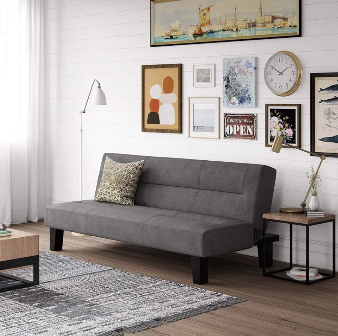 69 Inch Futon Sofa Bed in Microfiber, Modern Armless Upholstered Couch Sleeper with Tufted Back and Seat, Dark Gray