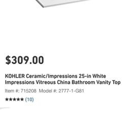Kohler ceramic impressions 25" white vitreous china vanity top $295