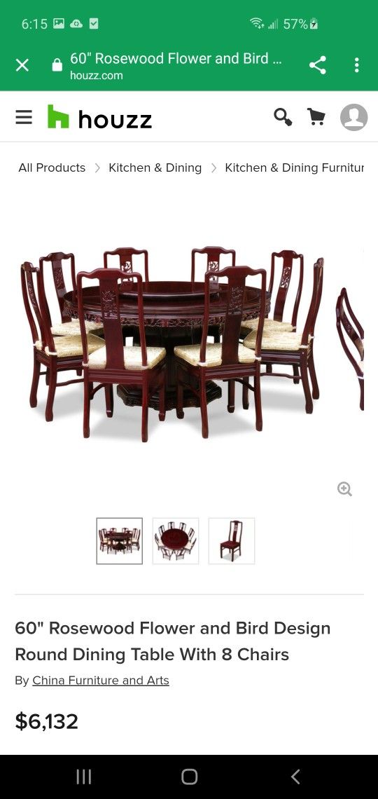 Dark Cherry Rosewood Flower and Bird Round Oriental Dining Set with 8 Chairs