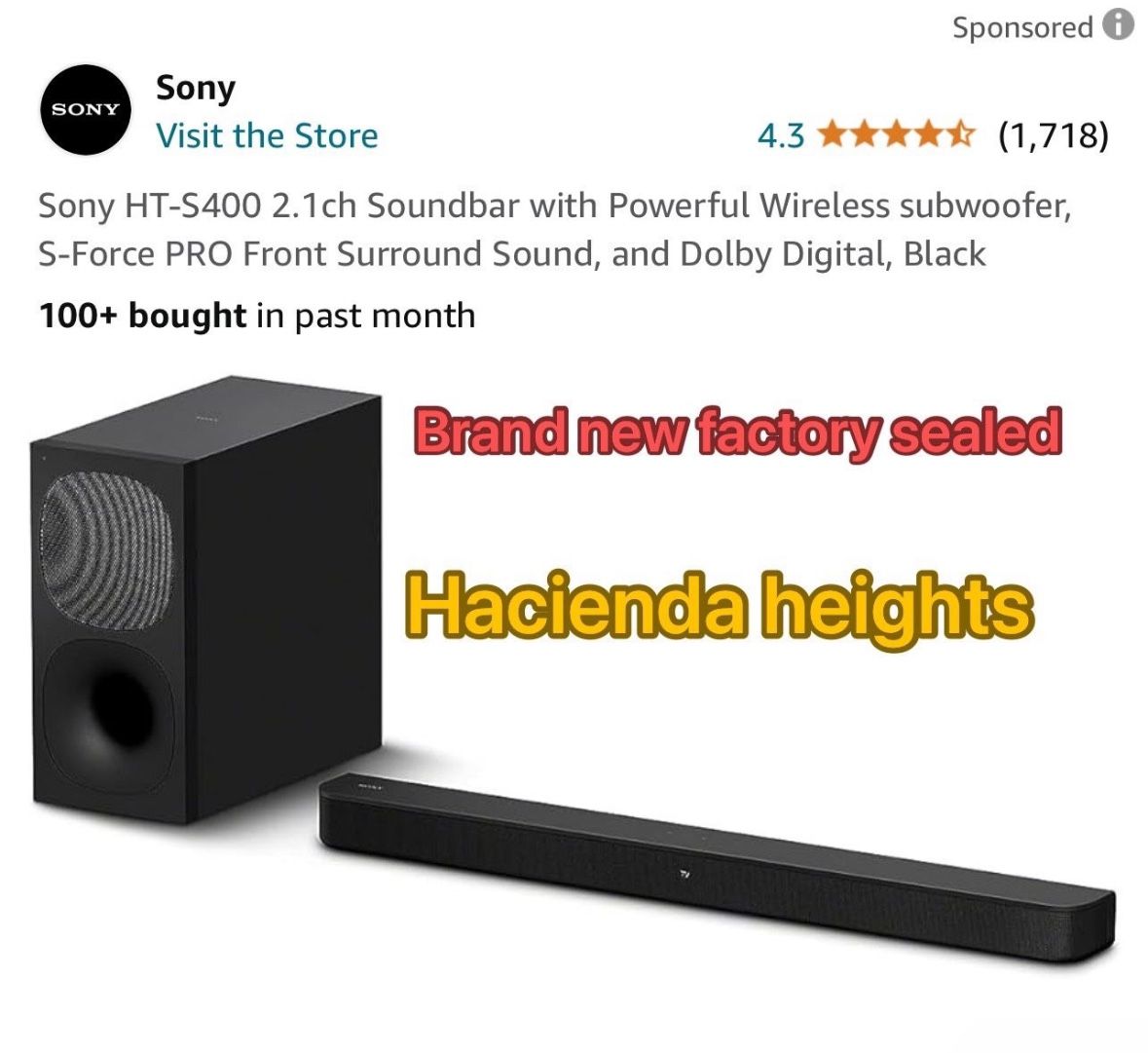 Sony HT-S40 2.1ch Soundbar with Powerful Wireless subwoofer, S-Force PRO Front Surround Sound, and Dolby Digital, Black