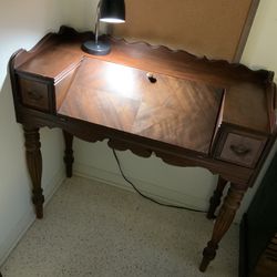 Antique Secretary Desk, Lamp & And Corkboard