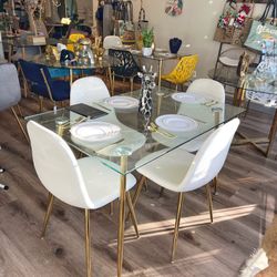 Gold Glass Rectangle Dining Table And 4 Cream Velvet Chairs 