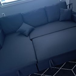 Black Linen Pull Out Sectional Sofa w/storage chaise