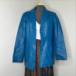 Women's Blue Genuine Leather Blazer Button-Up Coat (Size L)