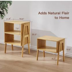 Bamboo Stackable End Tables, Wood Living Room Nightstand, Bedside Tables For Bedroom Storage, Set Of 2