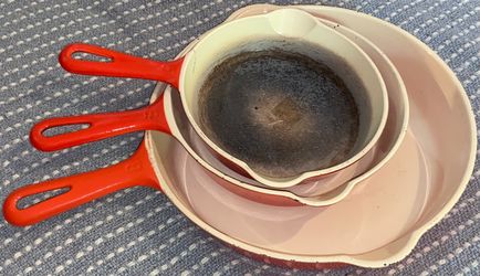 RARE Griswold cast iron Orange Enamel Skillets numbers 8,5,4 (READ DESC)