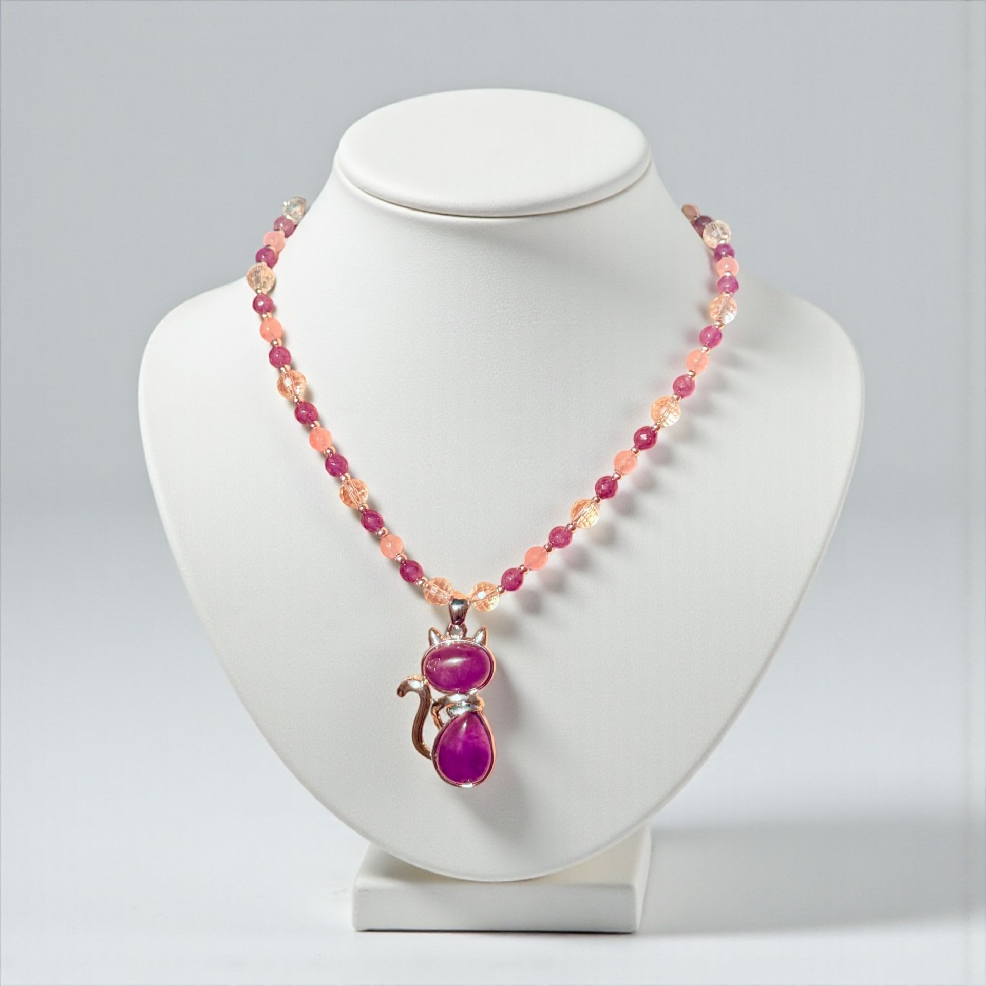 Amethyst Cat Stone Pendant Beaded Handmade Necklace