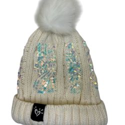 Cozy White Sequin Knit Beanie with Faux Fur Pom & Fleece Lining – Winter Hat 
