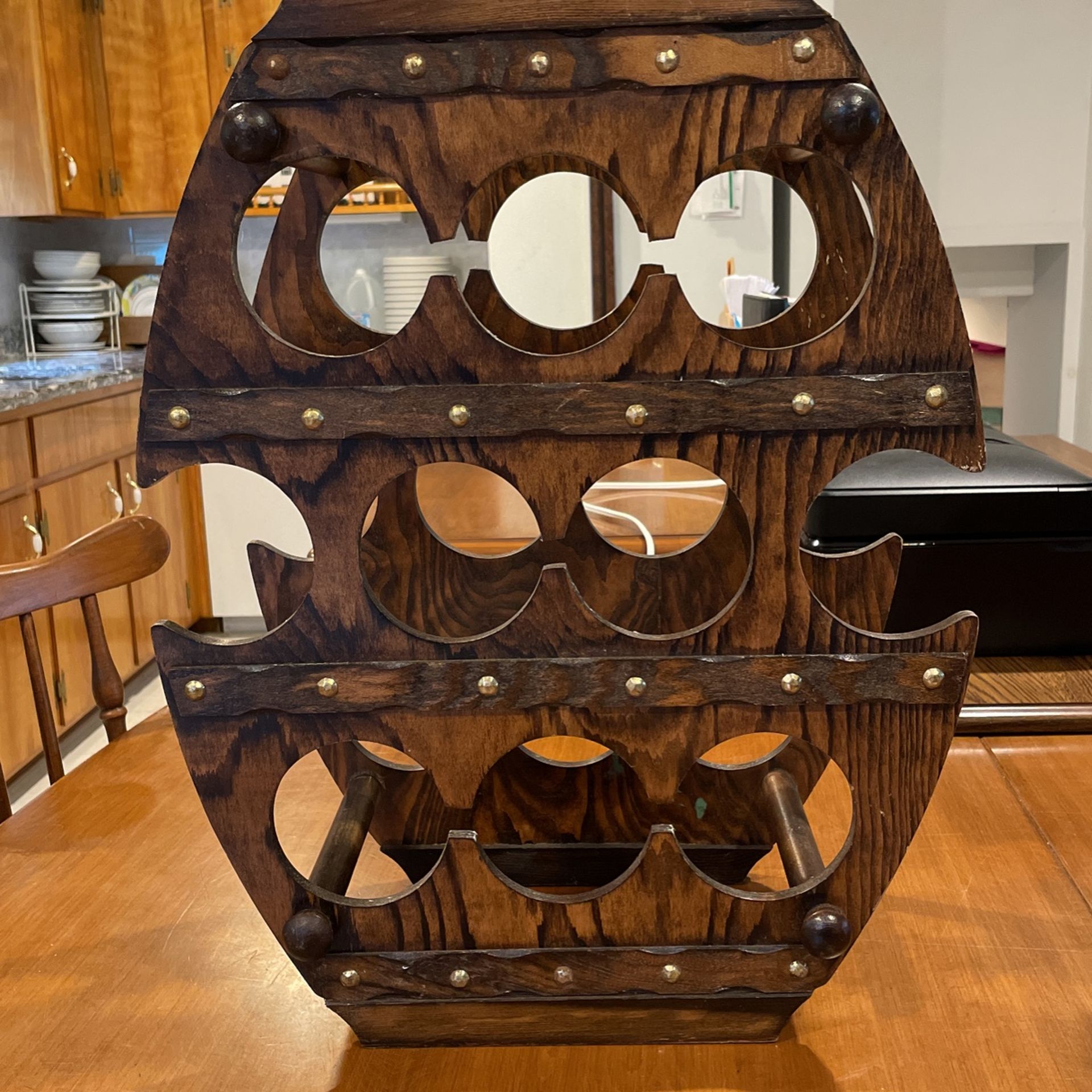 Vintage Spanish Revival Wood Wine Barrel Bottle Rack Medieval Rustic Ex Condition 21” H 16” W 9” D