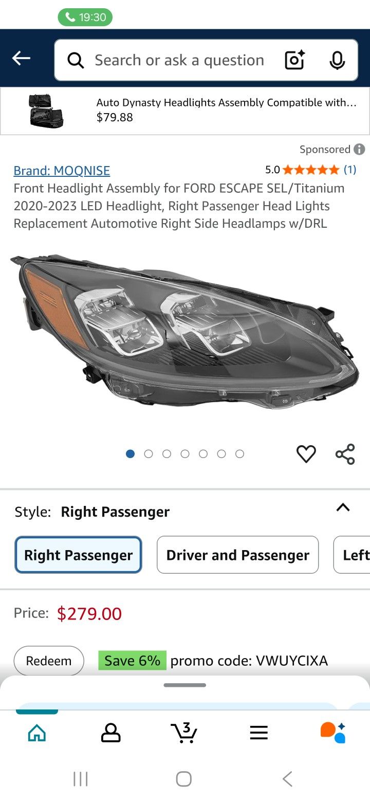 Front Passenger Headlight For Ford Escape