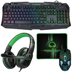 HyperGear 4-in-1 Gaming Kit, Includes Full-Sized RGB Backlit Keyboard, 6-Button Backlit Scroll-Wheel Mouse, Stereo Headphones w/ Mic & Mouse Pad, PC C