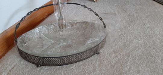 Crystal Relish Tray with silver carrier and fork.