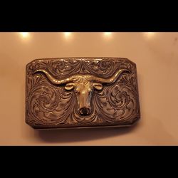 Sterling Silver Belt Buckle 14k Gold  Longhorn Steer Hand-Engraved Western