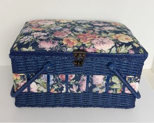 Vintage Blue Floral Wicker Sewing Basket Box Organizer w Lid Handles & Pocket