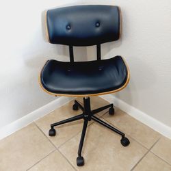 Wood & Black Leather Wheeled Office Chair Art Deco Style
