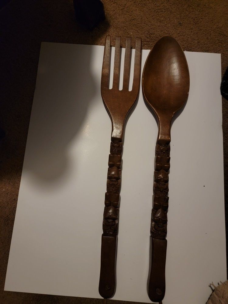 Vintage 28" Wooden Carved Tiki Spoon And Fork Set