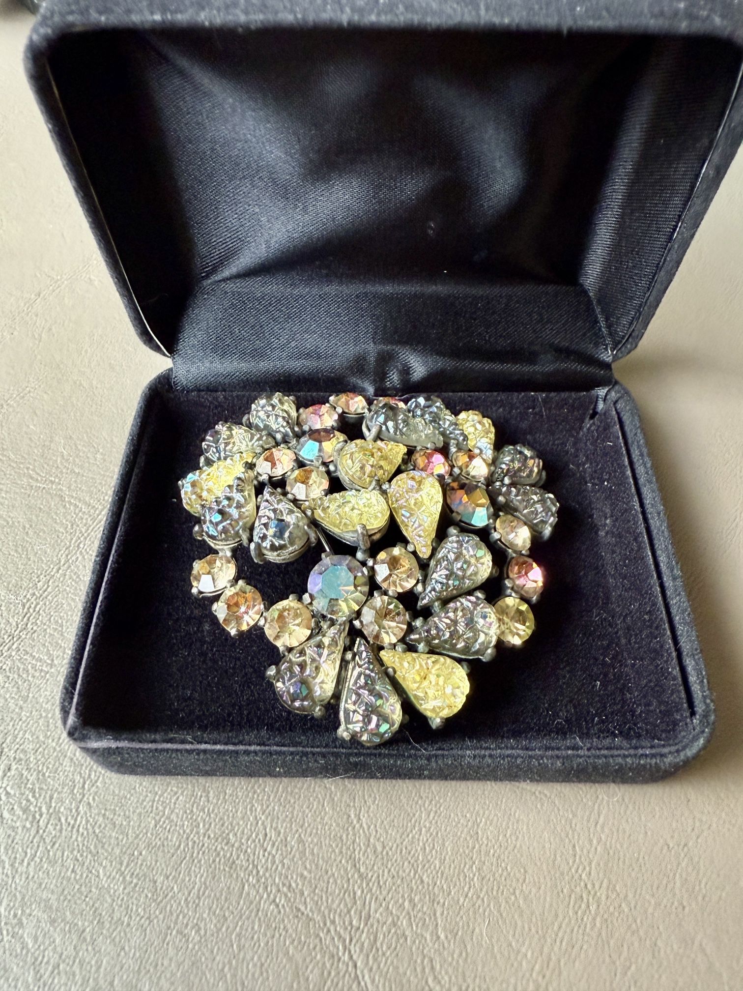 Vintage 1950s Signed Schiaparelli Large Givre Lava Rock Textured Glass Rhinestone Brooch