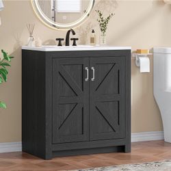 Farmhouse Bathroom Vanity with Sink, Freestanding Bathroom Vanities with Ceramic Basin & Soft-Close Door, Wood Storage Cabinet with Adjustable Shelf f