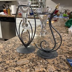 Vtg Pair MCM Art Deco Formano Tear Drop Glass Candle Holder Made In Poland Stand