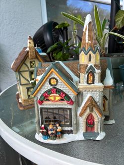 Christmas Village Church and House Figurines