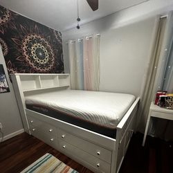 Kids’ Full White Wood Bed With 4 Drawers & Headboard Bookshelf (Living Spaces) 