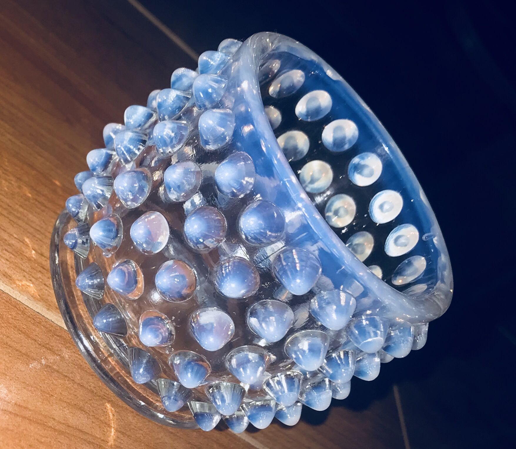 Fenton hobnail opalescent mustard jam jar