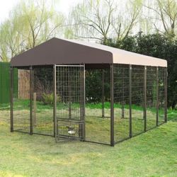 Large Outdoor Dog Kennel 10 Feet x 10 Feet with Canopy and 2 Bowls, Large Garden Dog Boxes, Lawn, Gray $200