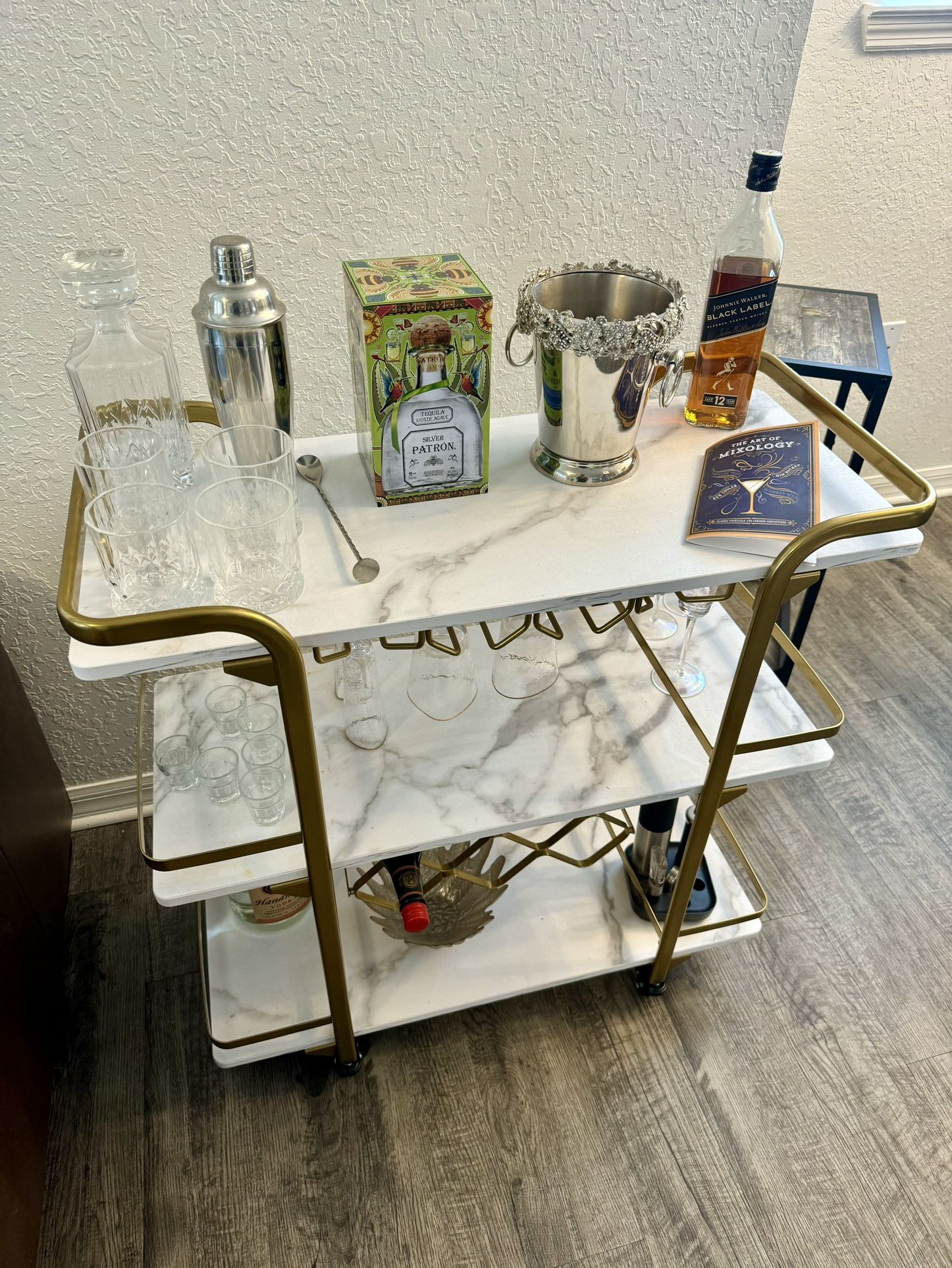Gold Bar or coffee Cart with 3 shelves