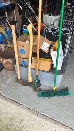 Yard Tool Lot – Axe, Cultivator, and Broom