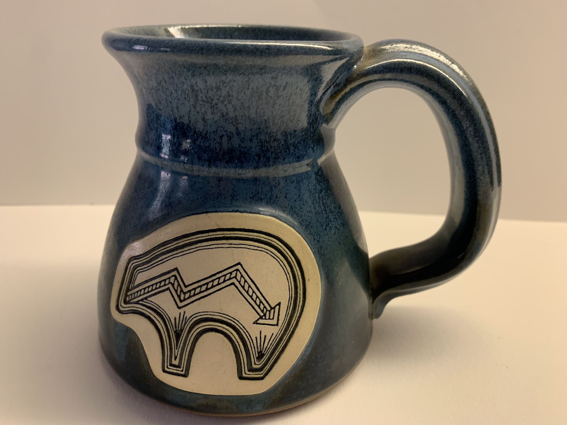 Mug- Vintage Southwest Pottery. Bear Design Bisque Blue 4.5"