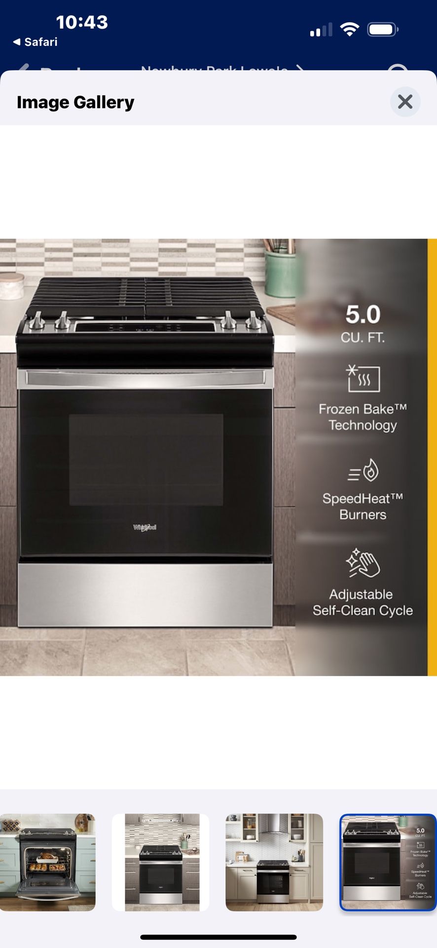 NEW WHIRLPOOL GAS RANGE WITH 3 YEAR EXTENDED WARRANTY INCLUDED 10/5/24. Missing Small Burner cap.