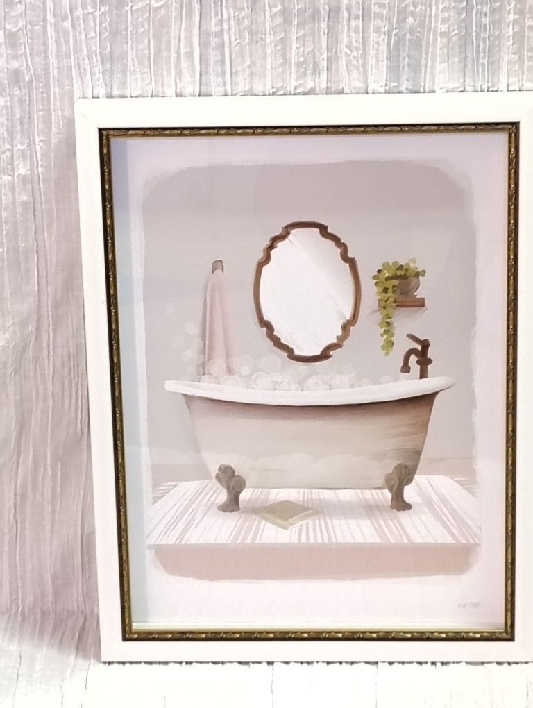 White Bathroom Wall Decor Shadowbox Bubble Bath Tub Framed Gold Border House Fenway
