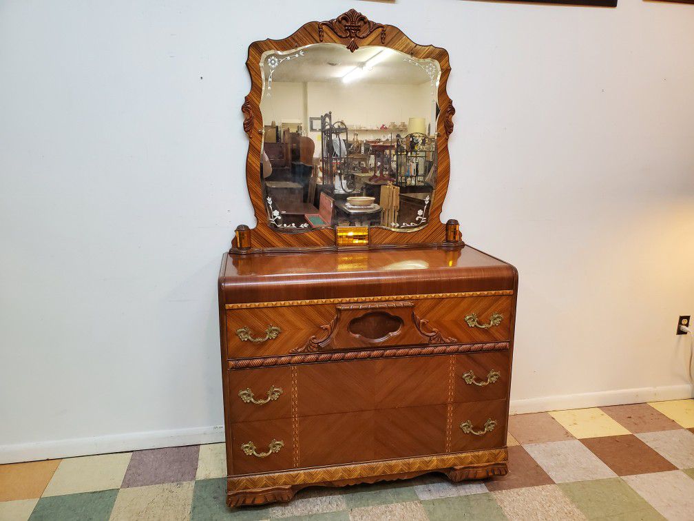 Antique Art Deco Dresser With Mirror By Bassett