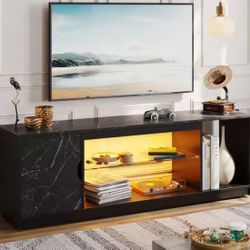 LED TV Stand for 55/60/65 Inch TV, Gaming Entertainment Center with Cabinet for PS5, Xbox,Modern TV Cabinet with Adjustable Glass Shelves for Living R