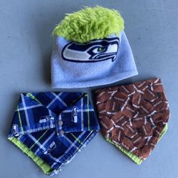 Baby Seahawks fleece hat with fan hair & 2 snap bibs