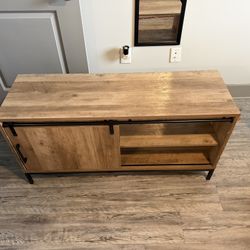 47” Wide Tan & Black Wooden TV Stand w/ Sliding Door + 4 Storage Columns