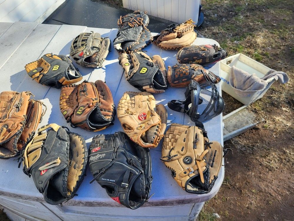 Assortment Of Baseball , Softball Gloves Couple Of Catchers Mitts Catchers Face Mask