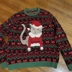 Funny Men’s Angry Cat Ugly Christmas Sweater - L