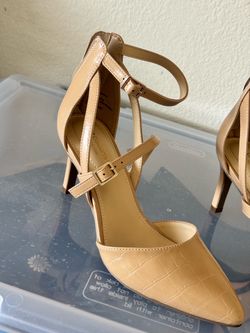 Nude Croc-Embossed Pointed-Toe Heels