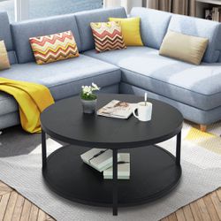 S.Fyronti Morden Round Coffee Tables for Living Room, Wooden Top and Metal Shelf,Grey Brown/Brown/Black