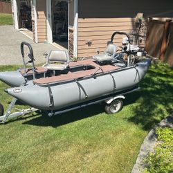 12’ Inflatable Pontoon Fishing Boat And Trailer An Motor